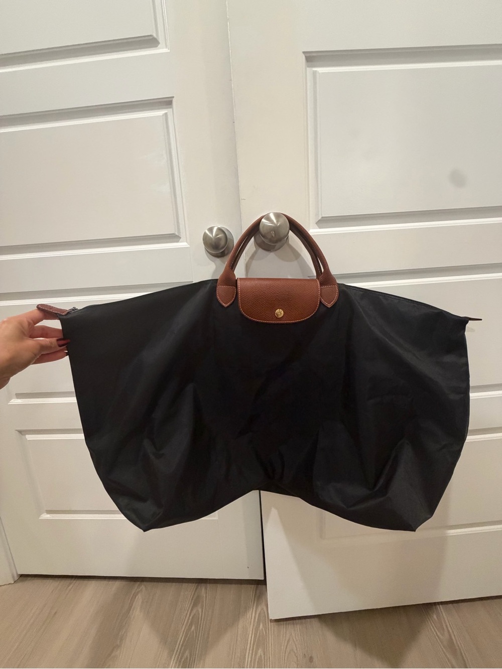 Longchamp Black Nylon Foldable Travel Tote with Brown Leather Trim